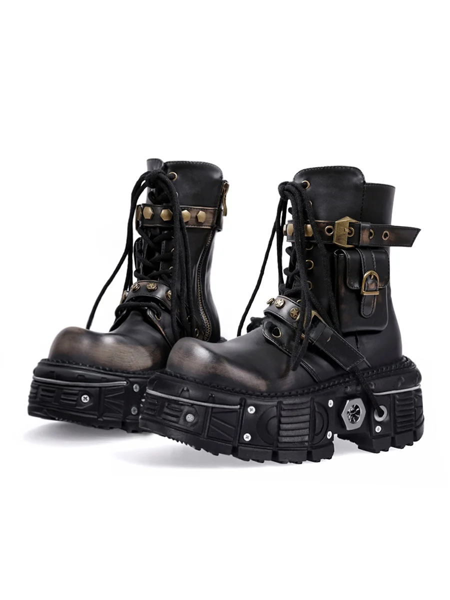 

Модные женские ботинки в стиле панк, мотоциклетные ботинки Thi Bot, ботинки на платформе в стиле ретро, металлические ботинки с перекрестными синями и заклепками