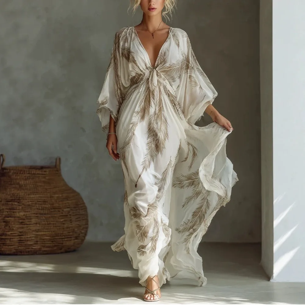 Women's Fashion Feather‑Print Maxi Dress Deep‑V‑Neck Three‑Quarter Sleeve Tie‑Front Waist Flowy Hem Boho Vacation Long Dress