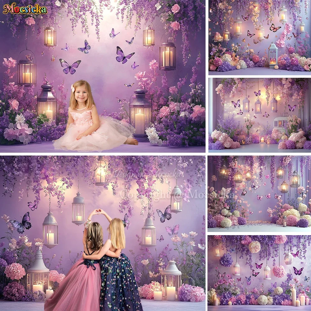 

Butterfly Girl Cake Smash Photography Background Purple Flower Wall Butterfly Candle Lantern Backdrop Baby Birthday Photo Studio