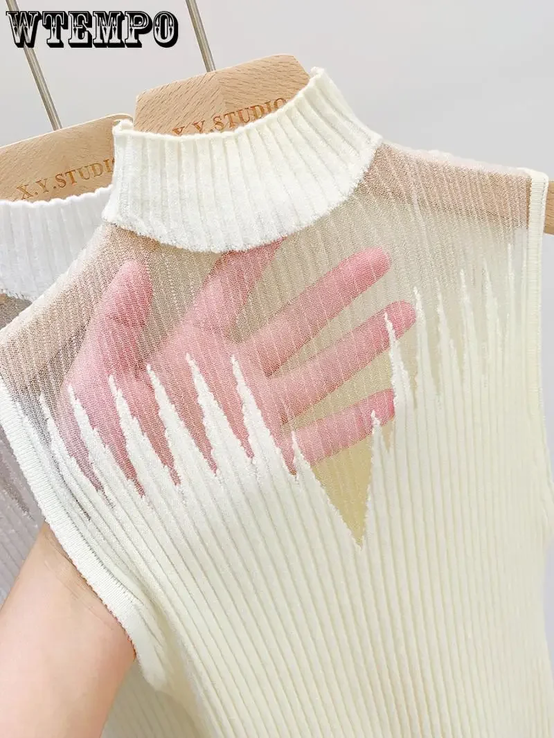 WTEMPO Women Slim Knitted Vests Summer Female Sheer Turtleneck Sleeveless Solid Stretch Camis Tank Tops