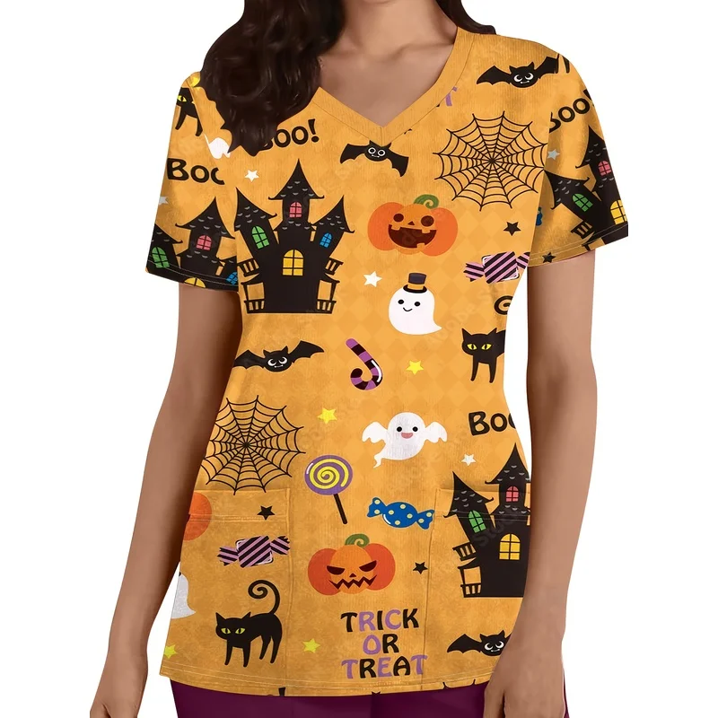 Women's Halloween Nurse Uniform with Cute Ghost and Pumpkin Print and Pockets – Breathable, Machine-Washable Workwear
