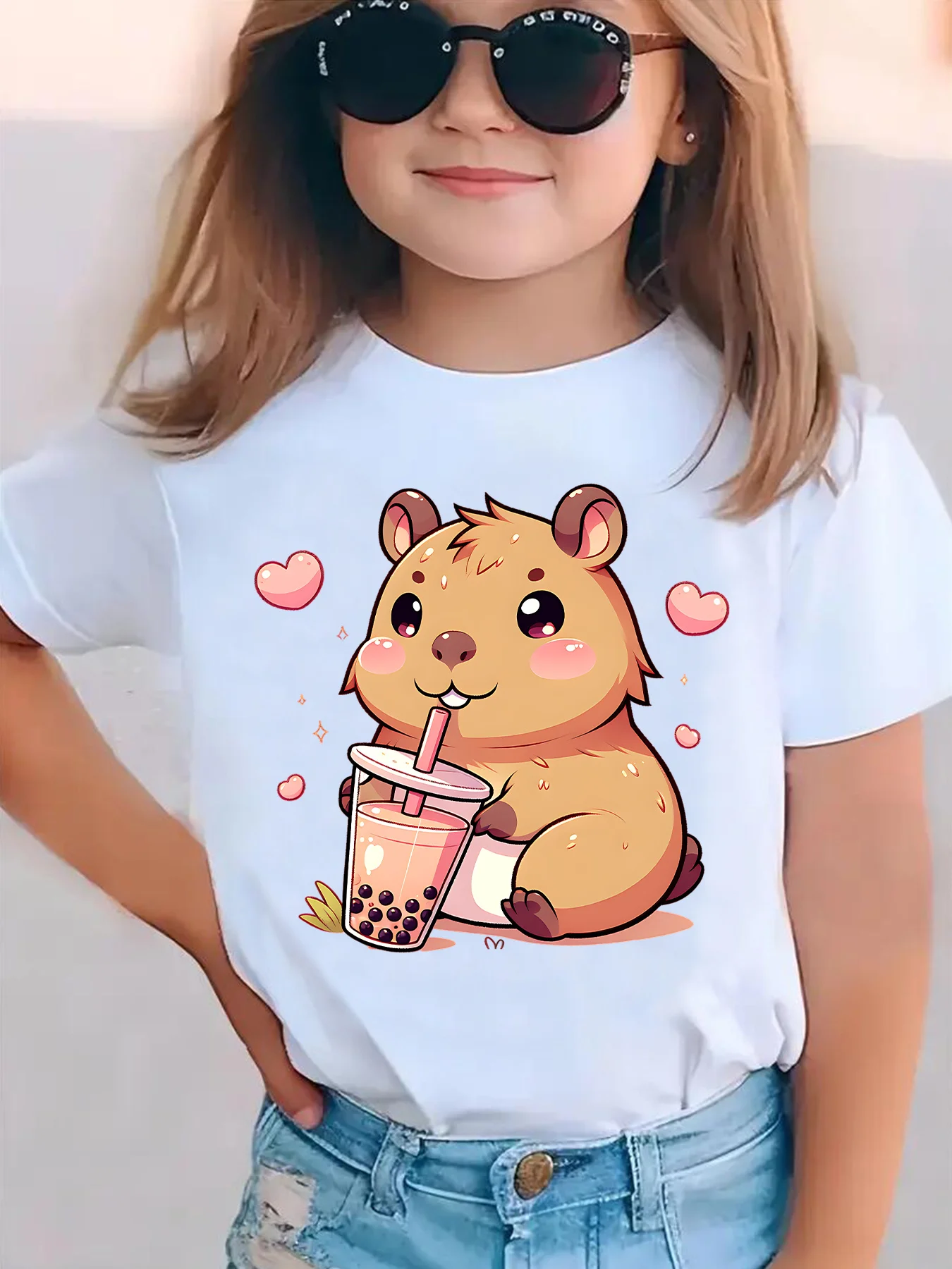 Cute Capybara Boba Tea Kids Tee Heart Graphic Boys Girls Parent Matching Cotton Cartoon Animal Daily Basic Short Sleeve Tshirt