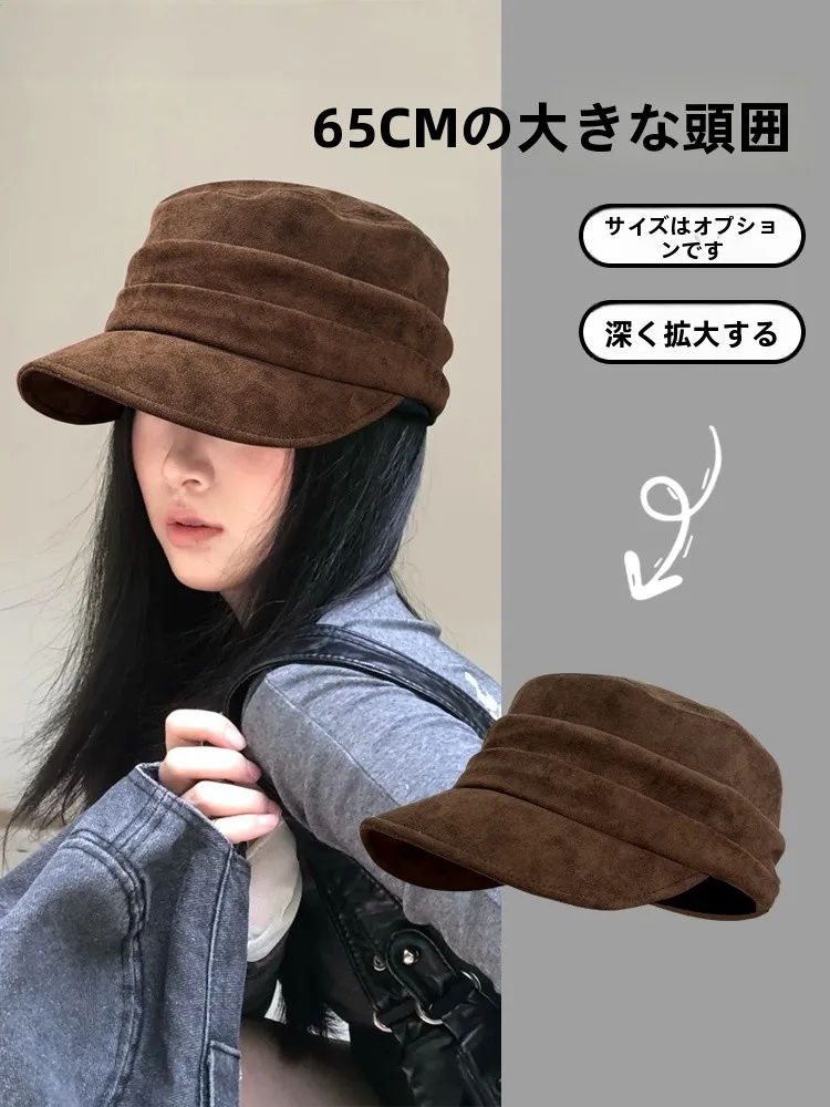 monstar-vintage-style-flat-top-suede-cap-large-head-retro-pleated-meralay-duckbill-hat-casual-winter-women's-beret