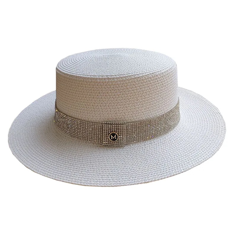 Straw Hat Women\'s Summer Water Diamond M Standard Straw Hat Holiday Beach Sun Visor Hat Fashion Flat Brim White Top Hat