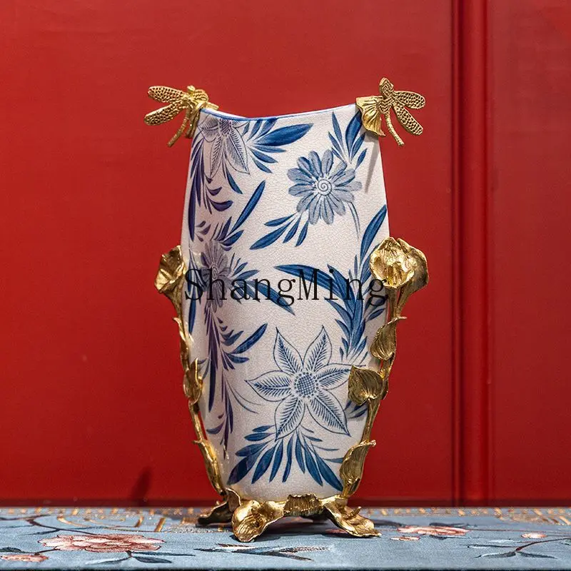 

FG blue and white ceramics with copper flower arrangement cabinet dining table high-end luxury entrance living room ornament