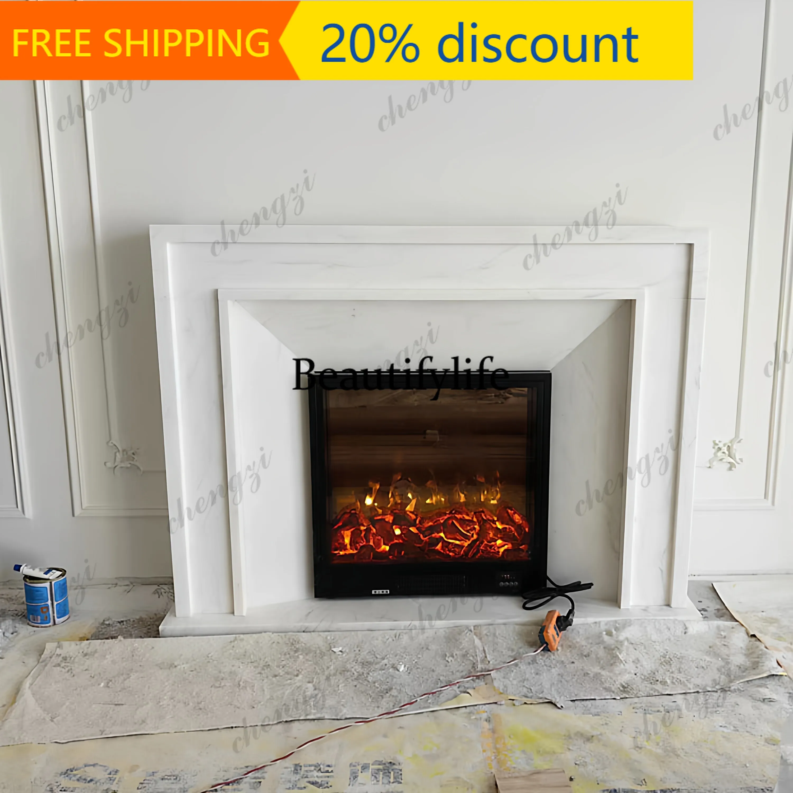 CC85 Marble fireplace French retro living room natural white cave stone fireplace rack decorative cabinet