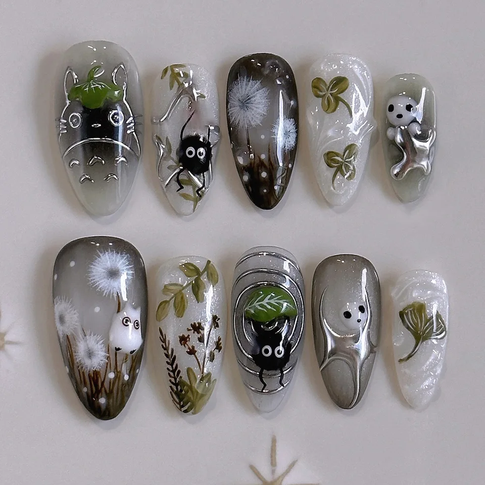 24 uñas postizas con degradado negro, diseño de gato y hada del bosque, brillantes, almendradas