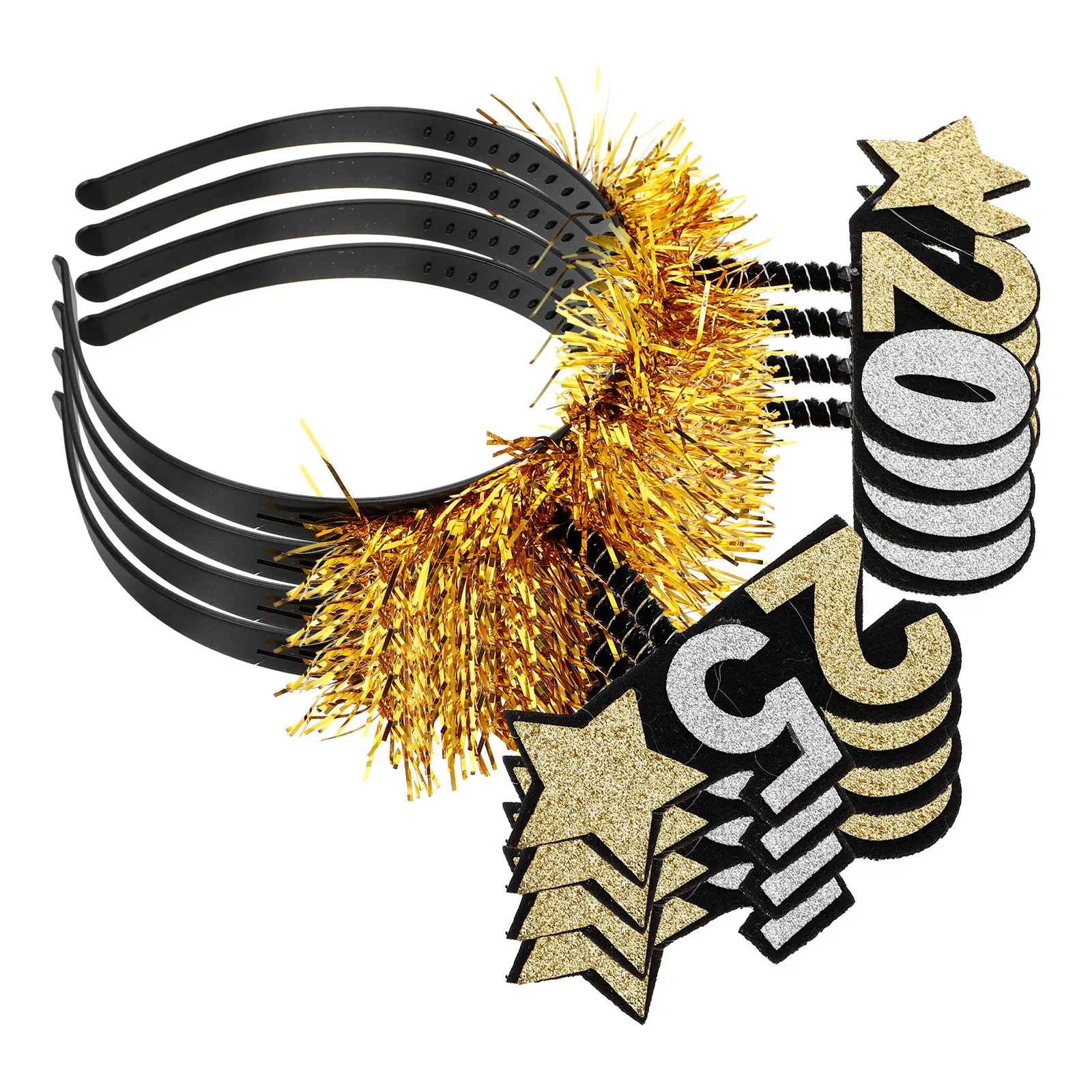 

4Pcs New Year Headband 2025 Star Glitter Tinsel Sequin Bopper Headwear for New Years Eve Party Holiday Celebration Photo Prop