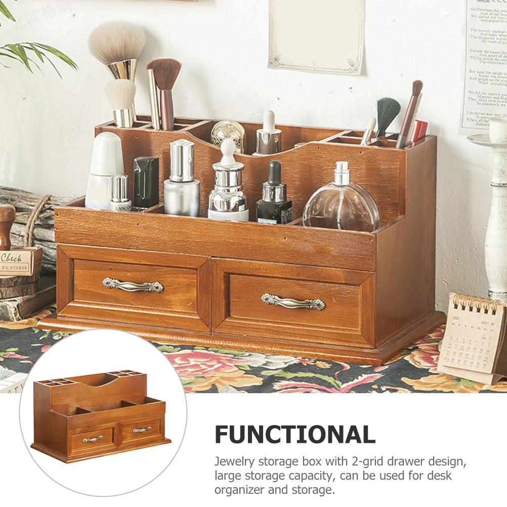 Solid Wood Jewelry Storage Box Drawer Desktop Organizer 2-Grid Large Capacity Craft Container Zinc Alloy Hardware Home