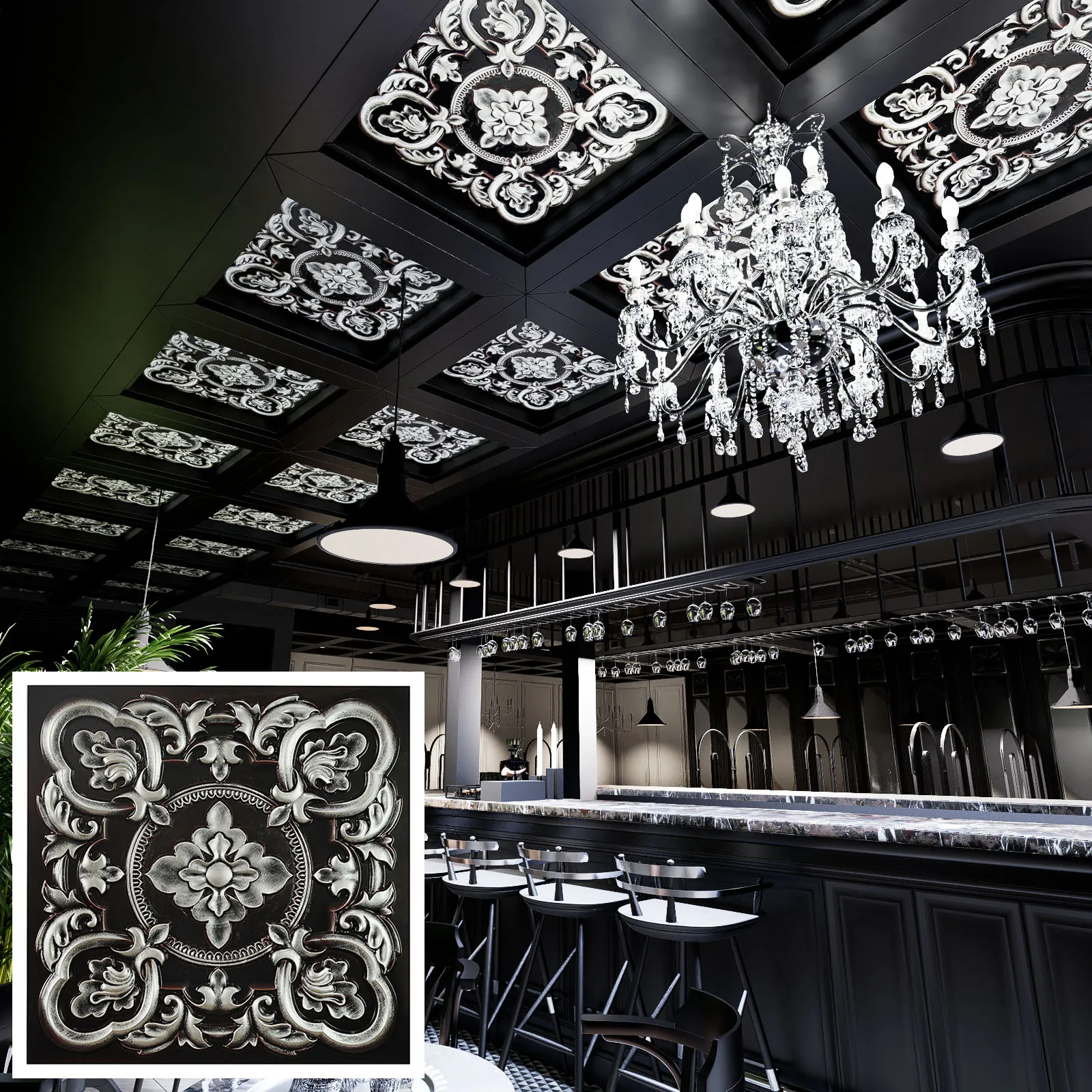 PVC Wall Panels Faux Tin Painting Ceiling Tiles for Cafe Club Salon Decor PL30 Traditional silver 10PCS