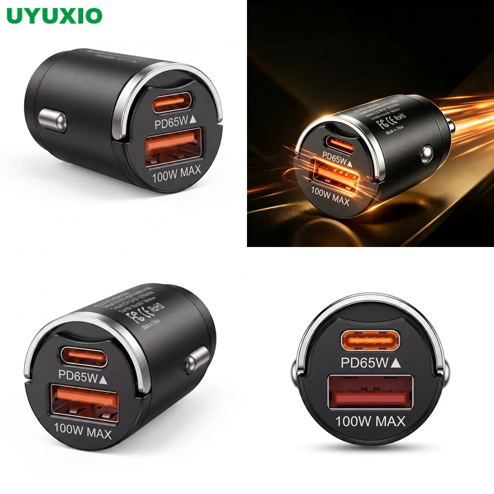 165W Travel Car Charger Zinc Alloy Flush Fit Design with PD 65W Type C and 100W USB A Ports for Business Travel and Commuting