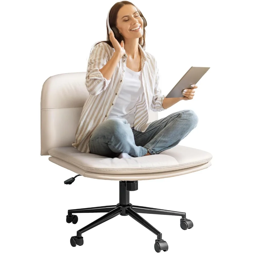 Cross Legged Office Armless Desk Chair Comfy Wide Seat Criss Cross Chair with Wheels Vanity