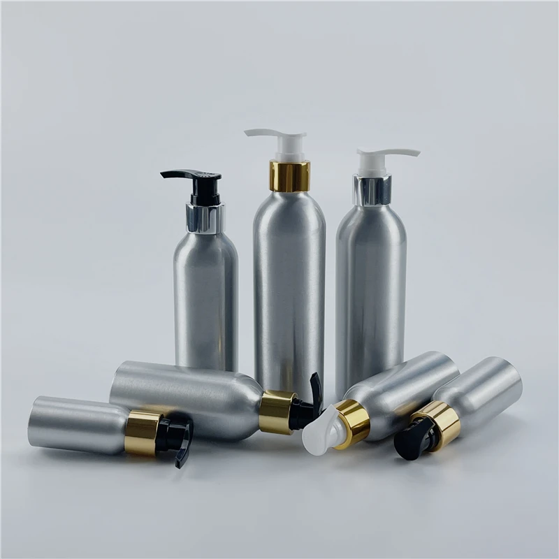 30ML-250ML X 25 Aluminum Bottles With Gold Silver Collar Lotion Pump Empty Shower Gel Liquid soap Cosmetics Aluminum Containers