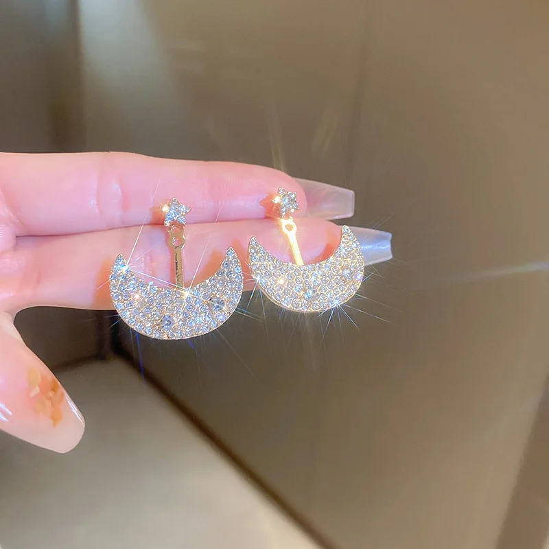 Light luxury super flash diamond-set stars, moon, earrings, fashionable front and rear wear temperament simple high-end  women
