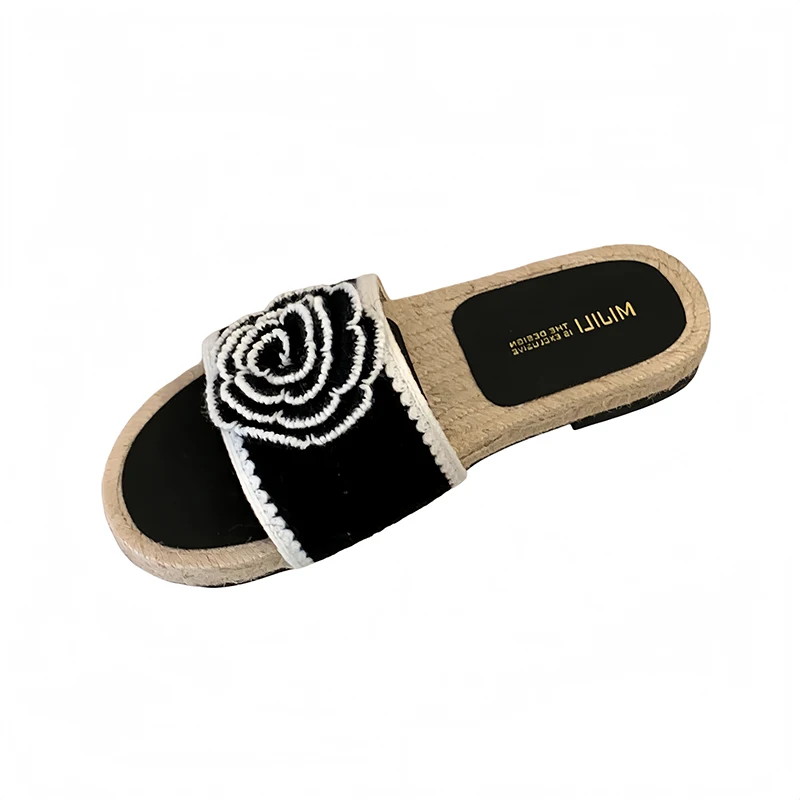 

Black Flat Shoes Woman Flowers Summer Sandals 2026 Designer Slippers Casaul Platform Flats Ladies Beach Shoes