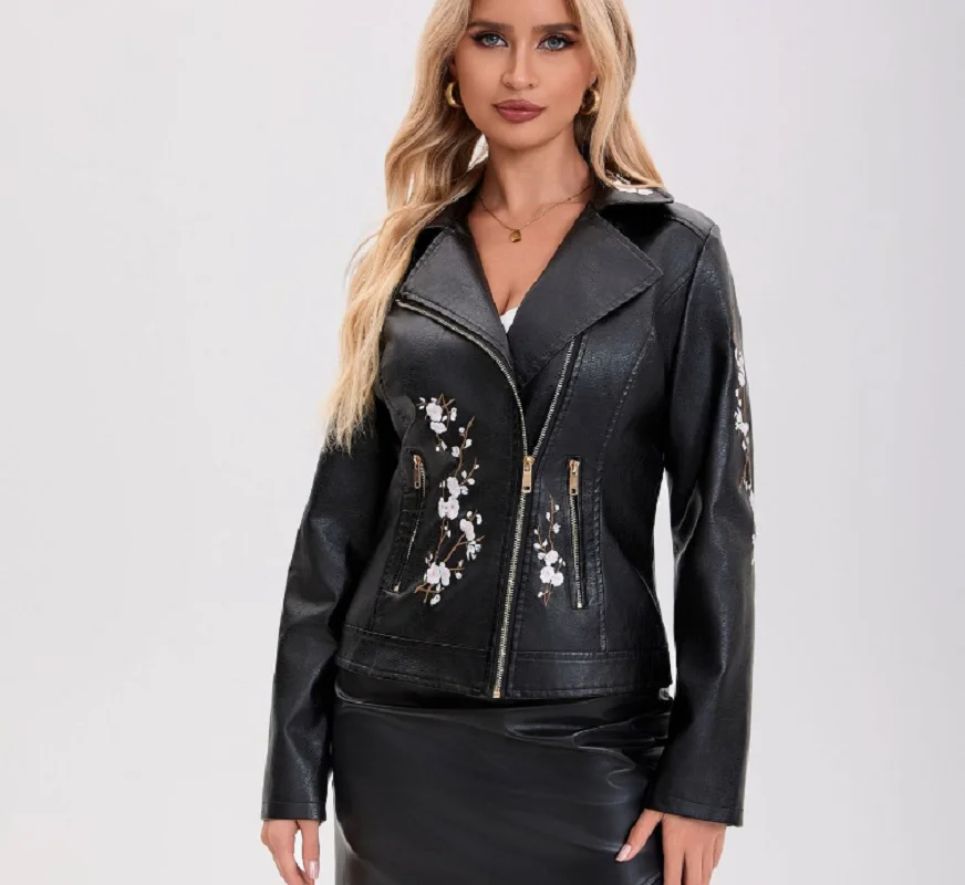

2026 Spring Autumn New Korean Fashion High Quality Leather Jacket Women's Embroidered Flower Long Sleeve Coat Motorbike Jackets