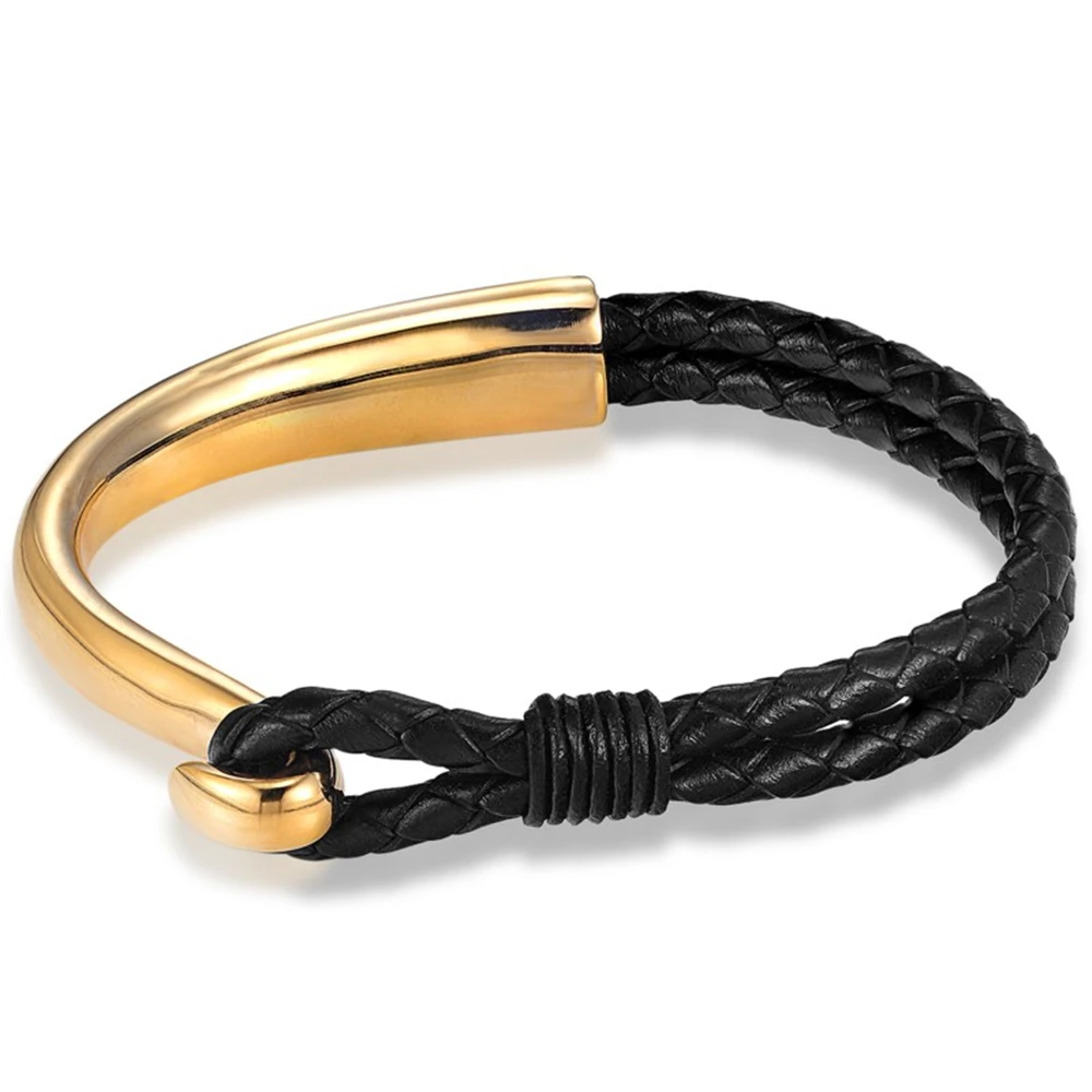 Fashion 21cm Stainless Steel Woven Black Braid Cuff Genuine Leather Bracelets & Anchor Bracelet Men Jewelry Summer Gift Pulseira