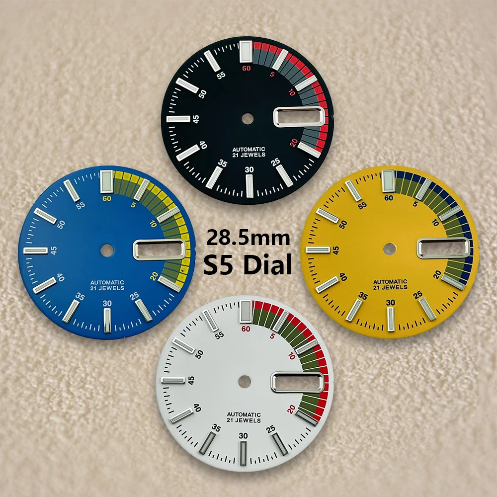 28.5mm Diving S 5 Dial Fit NH36/4R36 Movement Green Luminous Matte Dual Calendar Dial Watch Modification Accessories