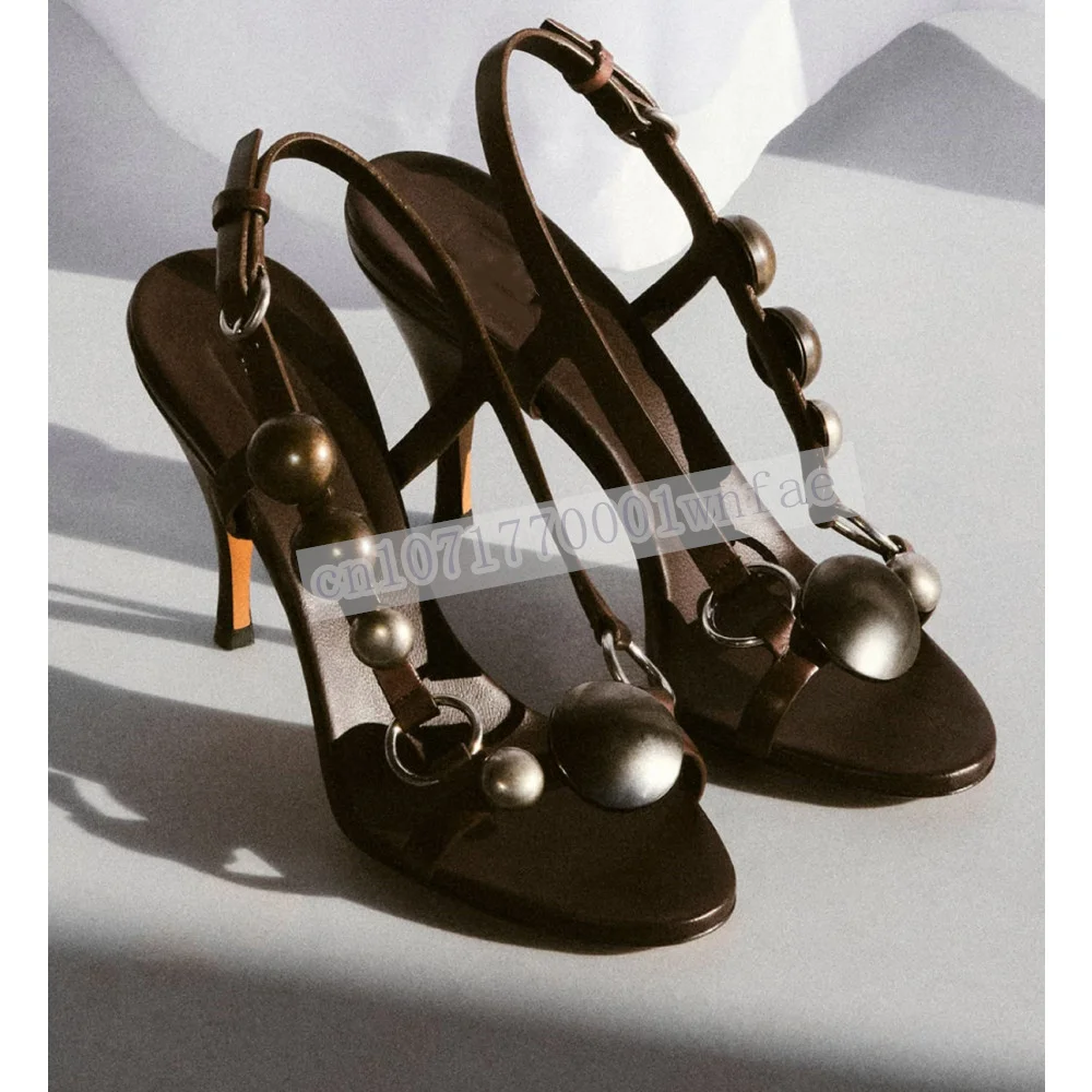 Women Brown Leather Slingback Sandals Vintage Metal Bead Decor Open Toe Stiletto Heel Summer Party Heeled Sandals Zapatos Mujer view 3