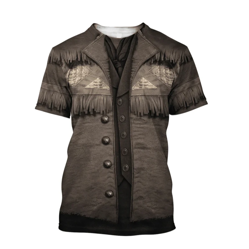 

Funny Cowboy Cosplay T-shirt Men's Personality Street Short Sleeve T Shirts 3D Printed Fake Lapel Pattern Harajuku Fashion Tee