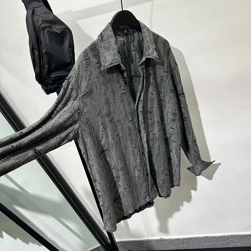 Fashionable Design Retro Tattered Jeans Loose Long-Sleeved Shirt Idle Style Distressed Drape Top for Men and Women