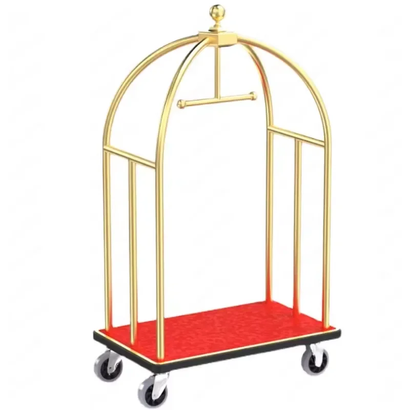 Stainless Steel Hotel Luggage Cart Silent Wheels Thickened Frame Hand Push Trolley for Lobby Concierge Bell Service Heavy