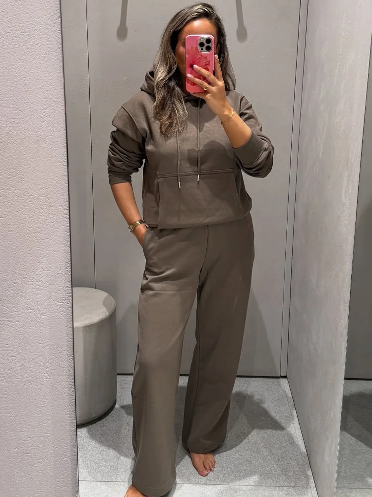HH Mulheres Moda Outono Terno Sólido Manga Comprida Cordão Bolsos Grandes Jaqueta Com Capuz + Cintura Elástica Calças Finas Conjunto de 2 Peças