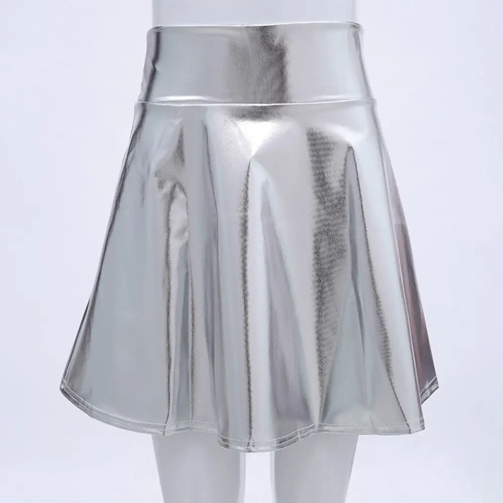 Elegant Metallic Pleated Skirt Gold Silver Retro Shiny Short Dress Solid Color Elastic A-line Short Skirt Stage Costume
