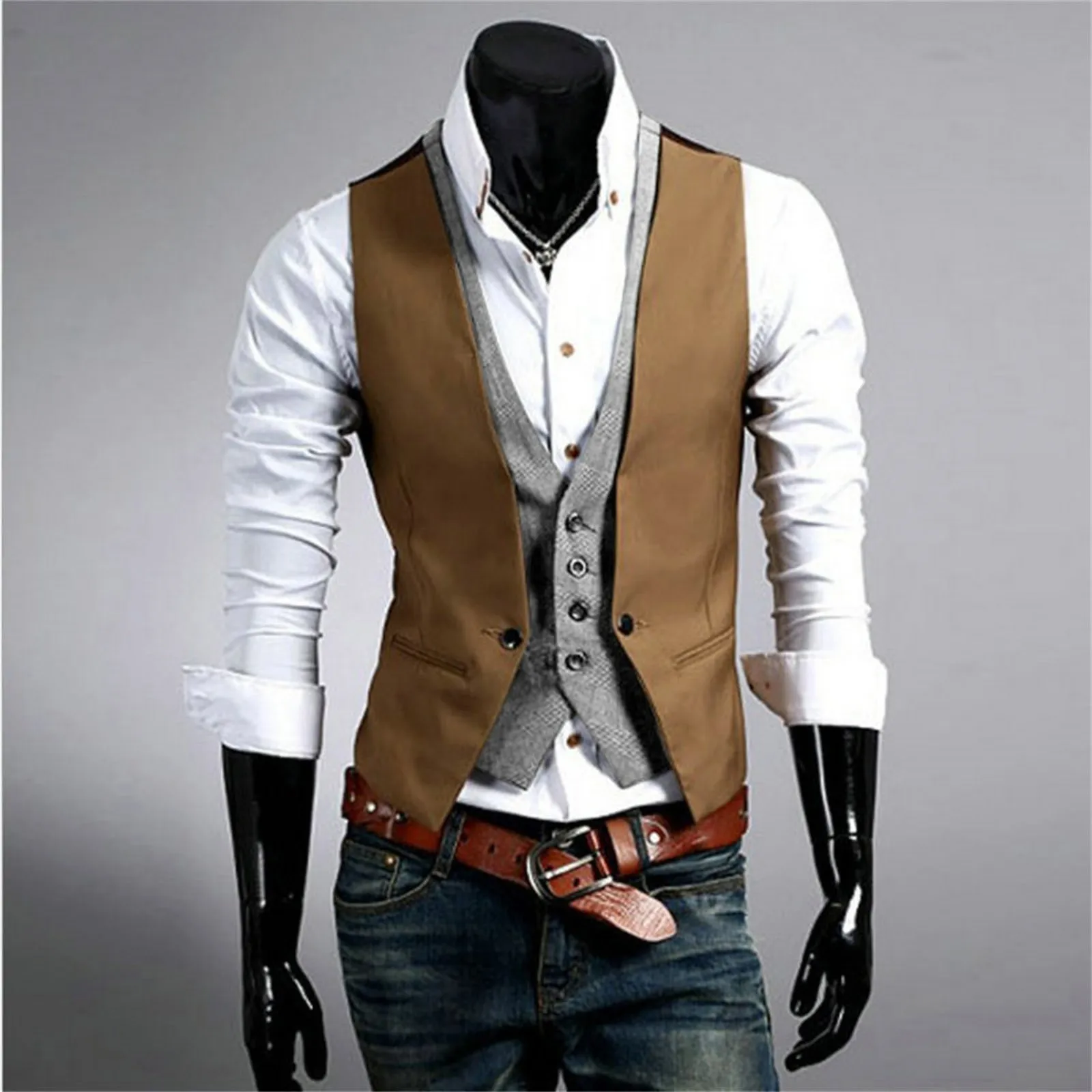 Fake 2 Pieces Men\'s Vest Jackets Business Wedding Party Slim Formal Waistcoats Gentleman Sleeveless Chalecos Para Hombre Khaki