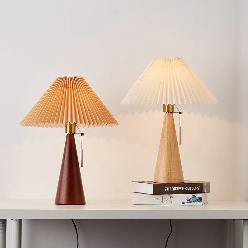 

Nordic Japanese Vintage Wood Cone Pleated Fabric Pull Chain Table Lamp LED Bedroom Bedside Study Guesthouse Decor Novelty New