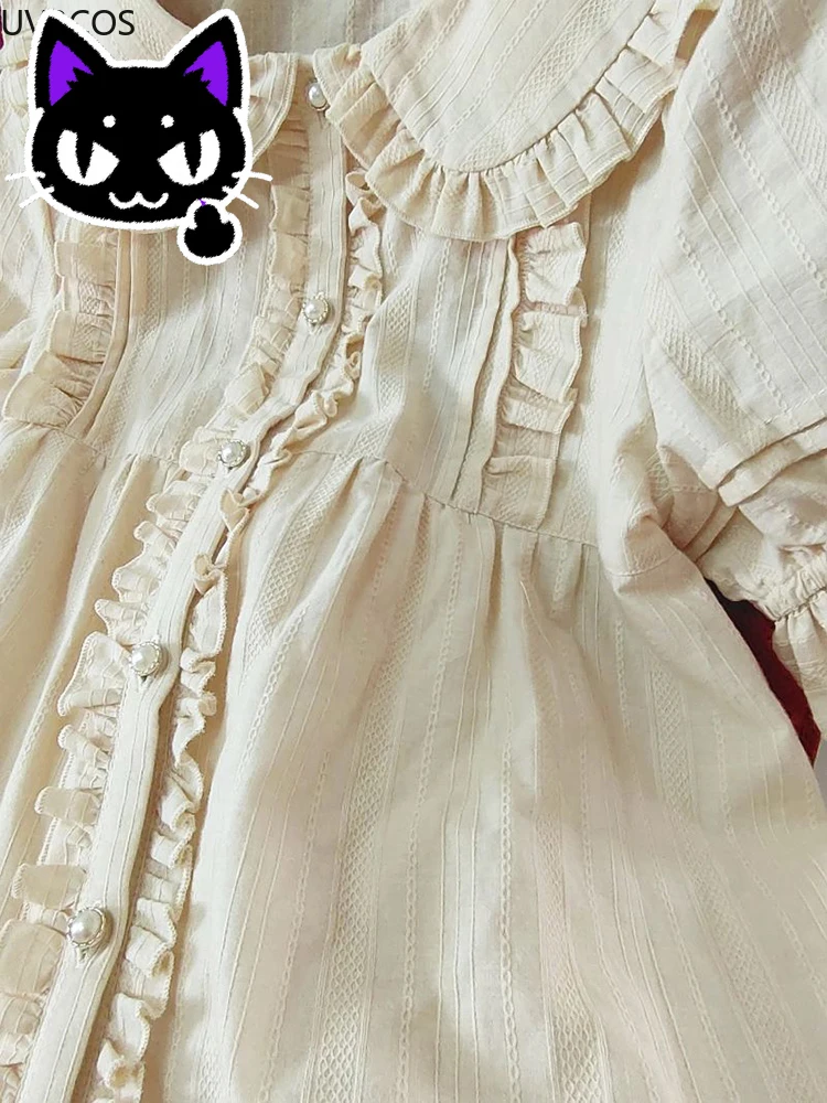 2025 misa hot sale Japanese Sweet Lolita Blouse Women Summer Solid Loose Cotton Shirt Peter Pan Collar Short Puff Sleeve Blouses