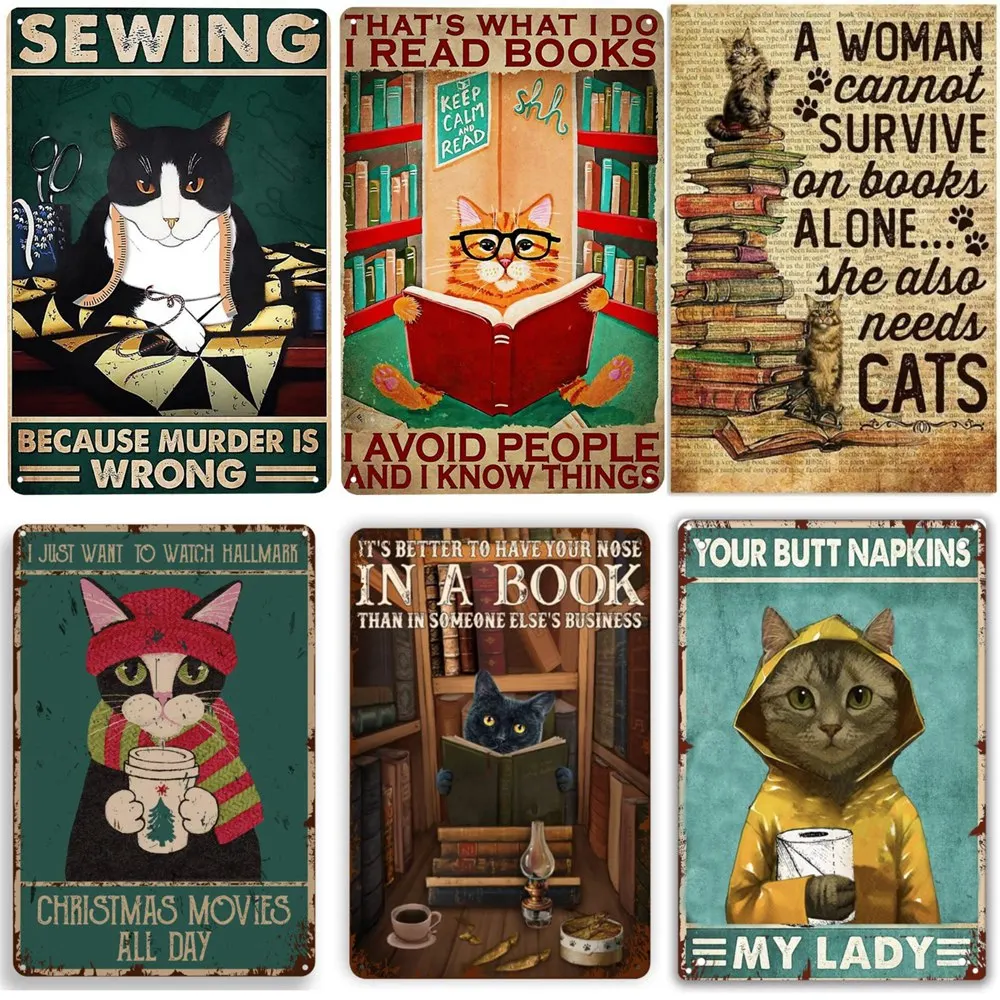 Vintage Tin Poster, Funny Metal Sign, That's What I Do I read Books I Avoid People and I Know Things Cat, Home Cafe Wall Deco