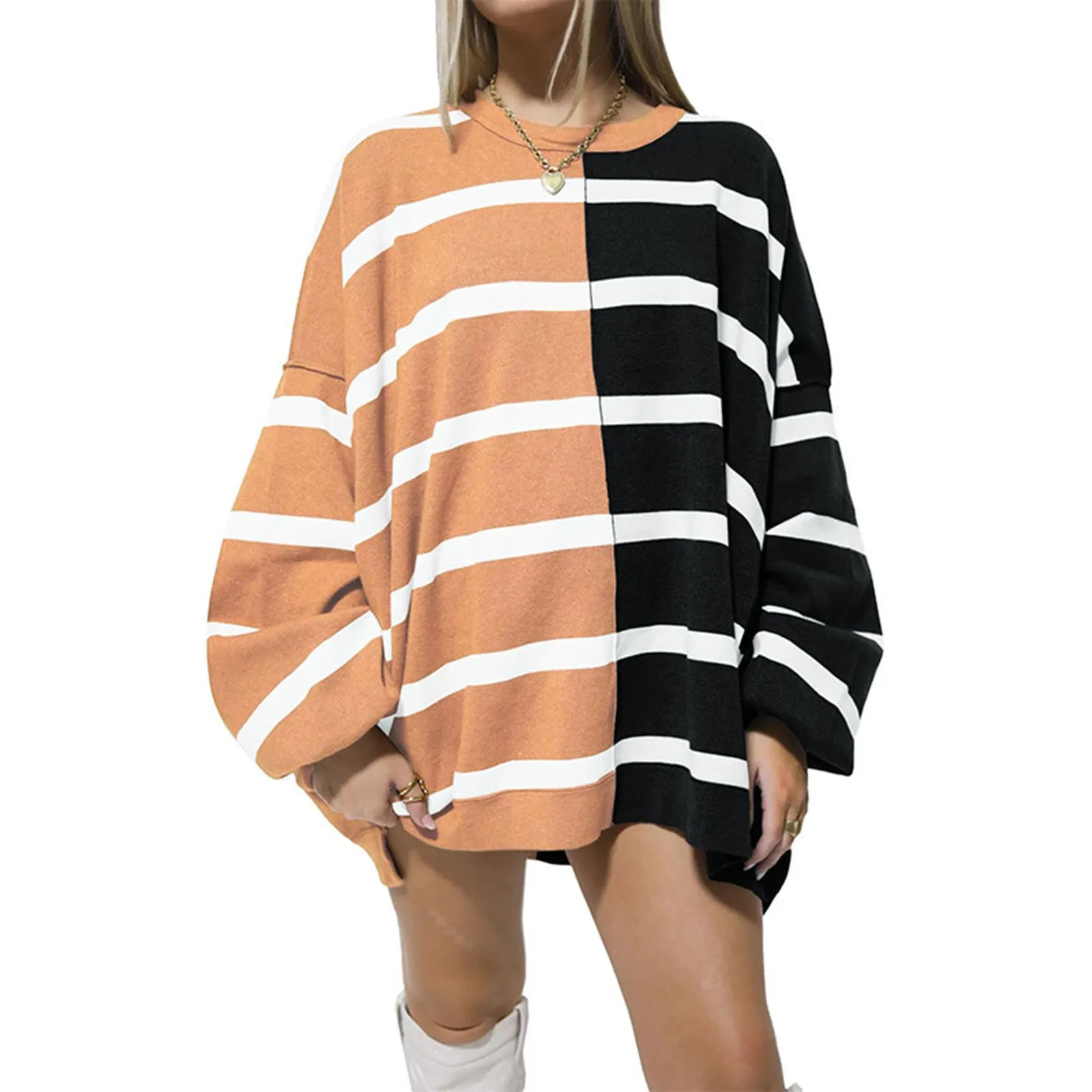 Womens Oversized Pullover Sweater Casual Loose Long Sleeve Color Block Round Neck Knit Sweaters Tops Hood Sweatshirt Women