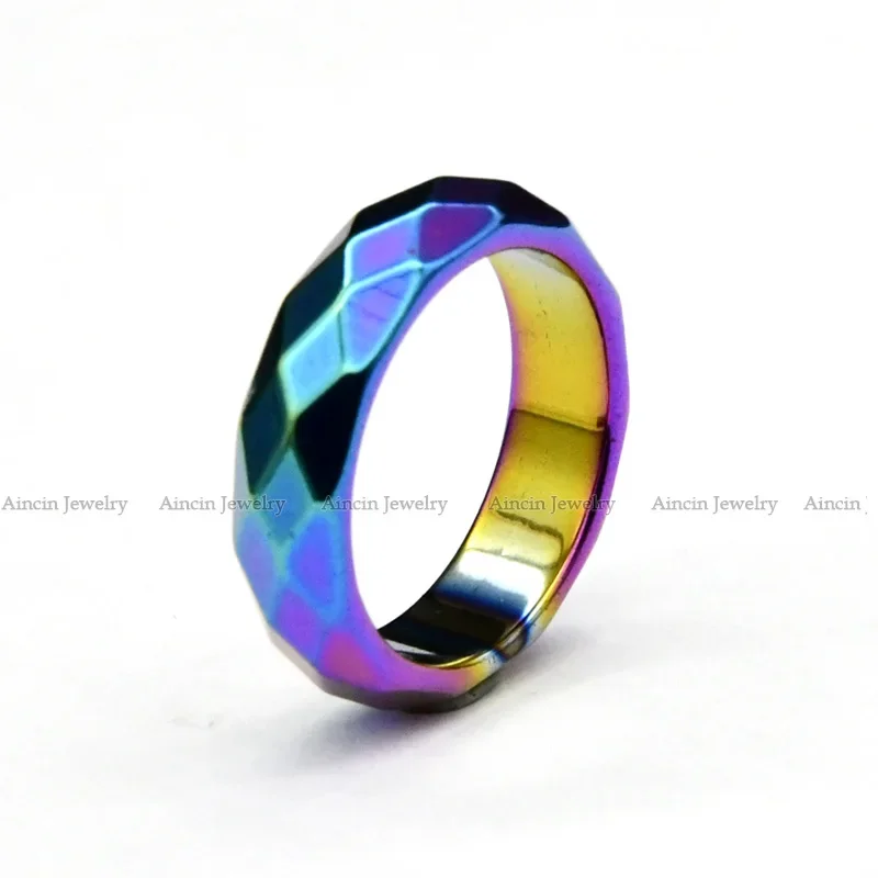 1pc High Quality Rainbow Color Titanium Plating Natural Hematite Faceted Band Rings 6mm 10mm Wide For Men and Women Jewelry