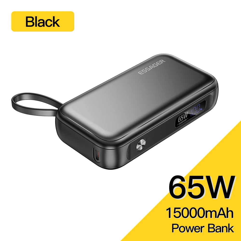 Essager Power Bank, tragbar, 15.000 mAh, mit USB-C-Kabel, externer Ersatzakku für iPhone, iPad, MacBook, 65 W, Schnellladegerät