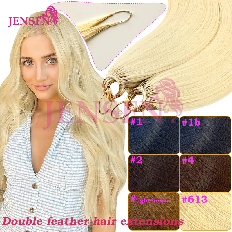 

JENSFN Double line Feather Hair Extensions 100% Really Human Hair Straight 16"-26" Inch brown 613 Color Hair Salon Supplies