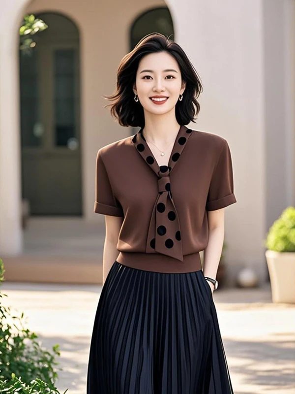 Brown Shawl Collar Short Sleeve T-Shirt Women's Summer New Light Maturity Atmosphere Base Shirt Top Korean Style Straight Tube
