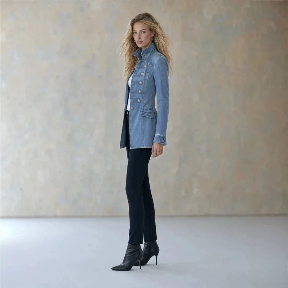 Women Napoleon Style Washed Denim Jacket With Stand Up Collar Decoration And Metal Buttons Long Sleeved Mid Length Outer Garment