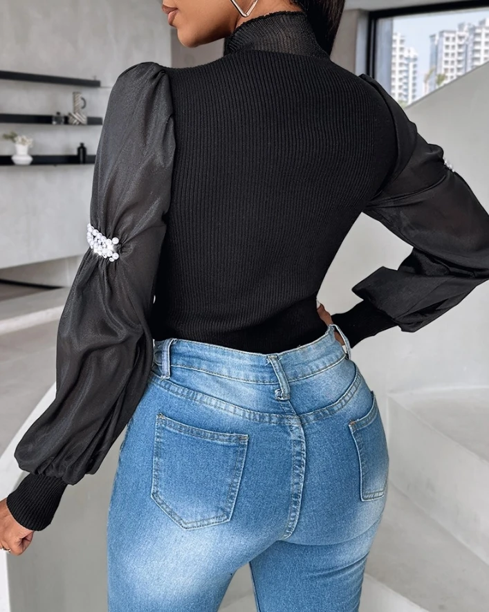 New 2024 Spring Fall Women Blouses Casual Mesh Patchwork Beaded Patch V-Neck Long Sleeve Knitted Black Pullover Ladies Top