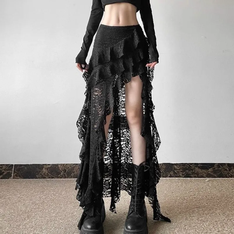 

Gothic Skirt 2000s Summer Women's Clothes Gyaru Kpop Streetwear Lace High waist Casual Aesthetic Long Skrit Femme Hip hop Skirts