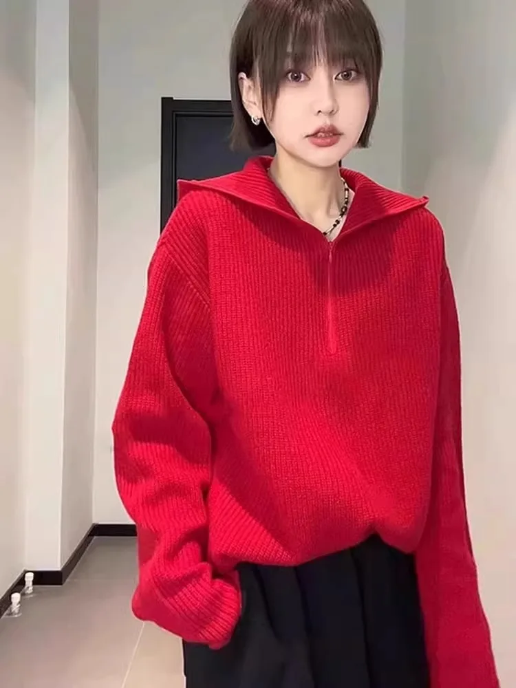 새해 캐주얼 롱 스웨터 여성 니트 지퍼 후드 출퇴근용 레드 컬러 한국 버전