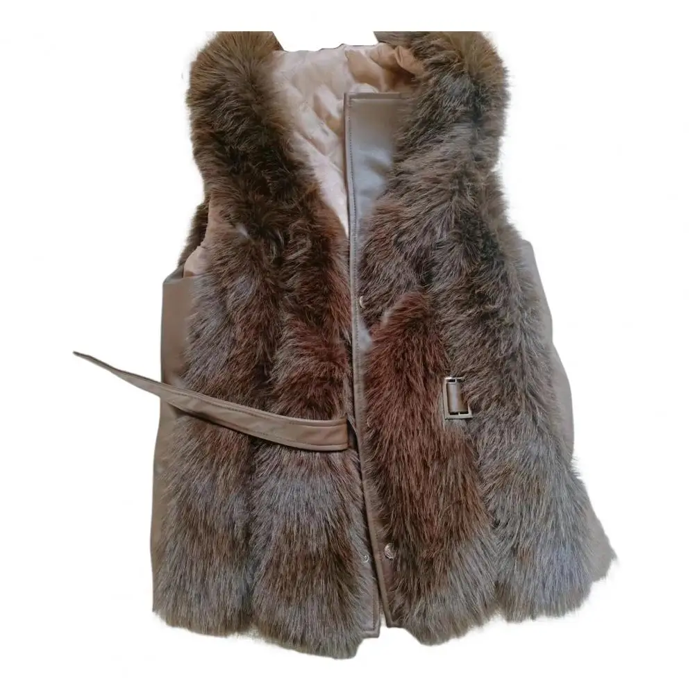 

Women Faux Fur Waistcoat Cozy Faux Fur Winter Vest with Belt Closure Leather Patchwork Women's Sleeveless Windproof for Warmth