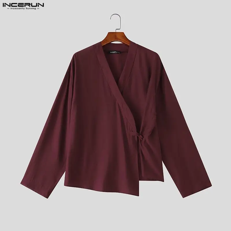 INCERUN Men's Shirt Solid V Neck Long Sleeve Lace Up Men Clothes Streetwear Loose Tops Vintage Casual Irregular Shirts For Man