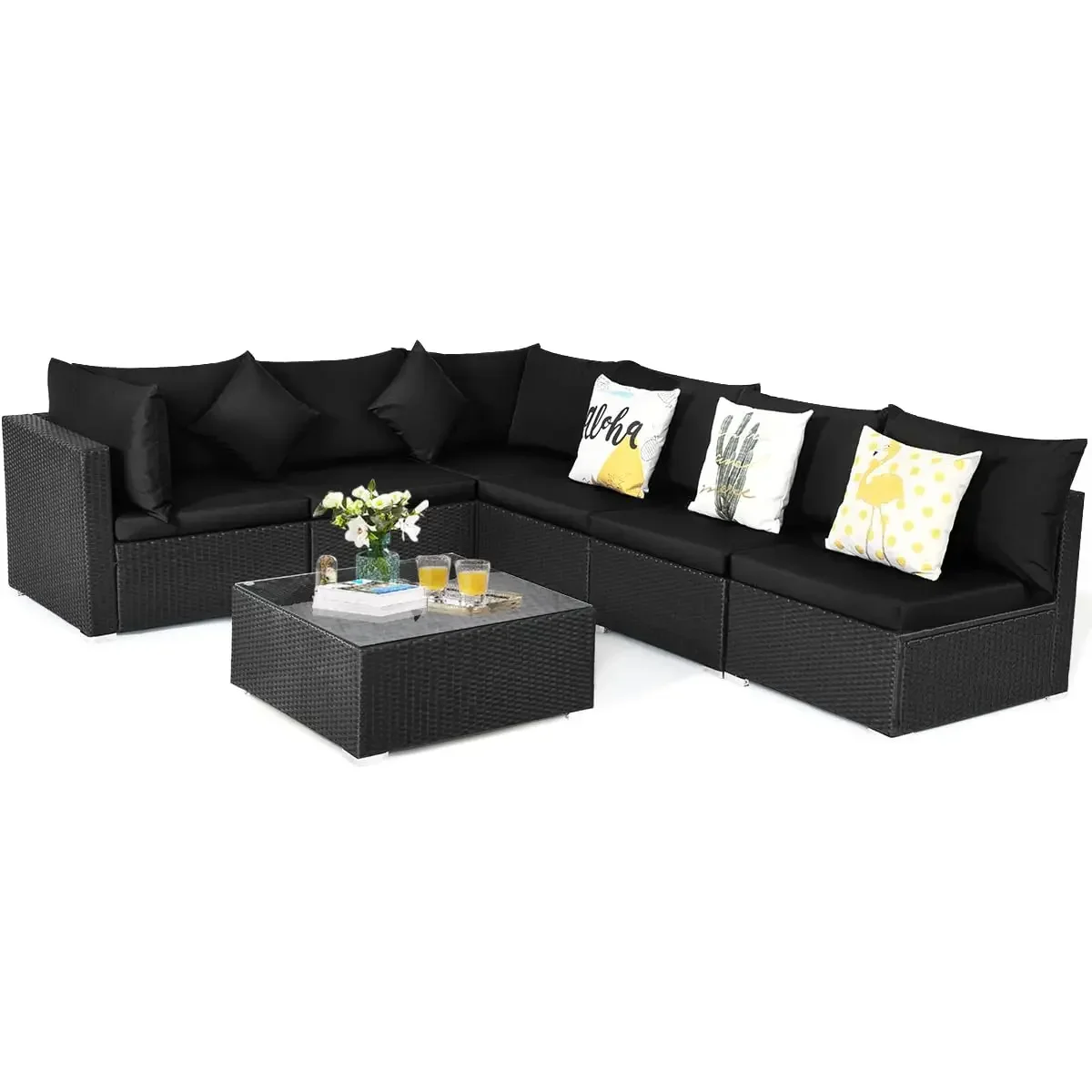 

7pc Patio Rattan Conversation Set Sectional Sofa Cushioned Tea Table Garden Balcony Poolside Black, Custom