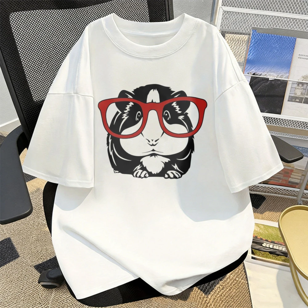 Funny Guinea Pig With Glasses T-Shirt Animal Lover Shirt ute Smart Rodent Pet Humor  Women Casual Shirt Unisex Tops