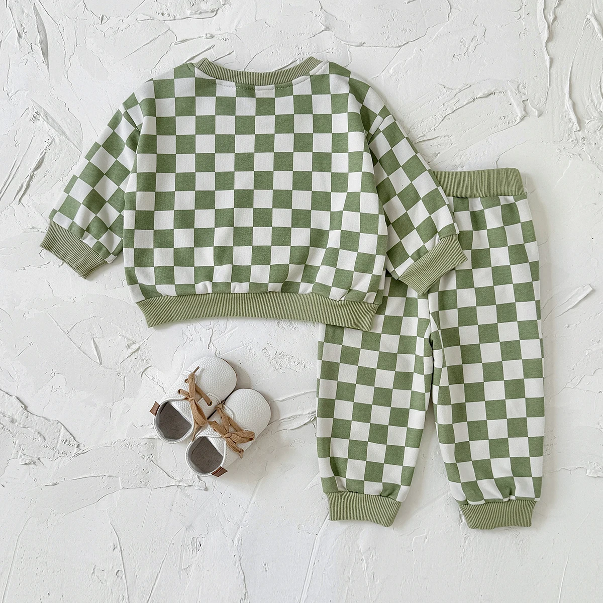 Spring Autumn Baby Fresh Avocado Green Checkerboard Kids Set, Soft Knit Cuff Hem Outdoor Outfit For Baby Boys