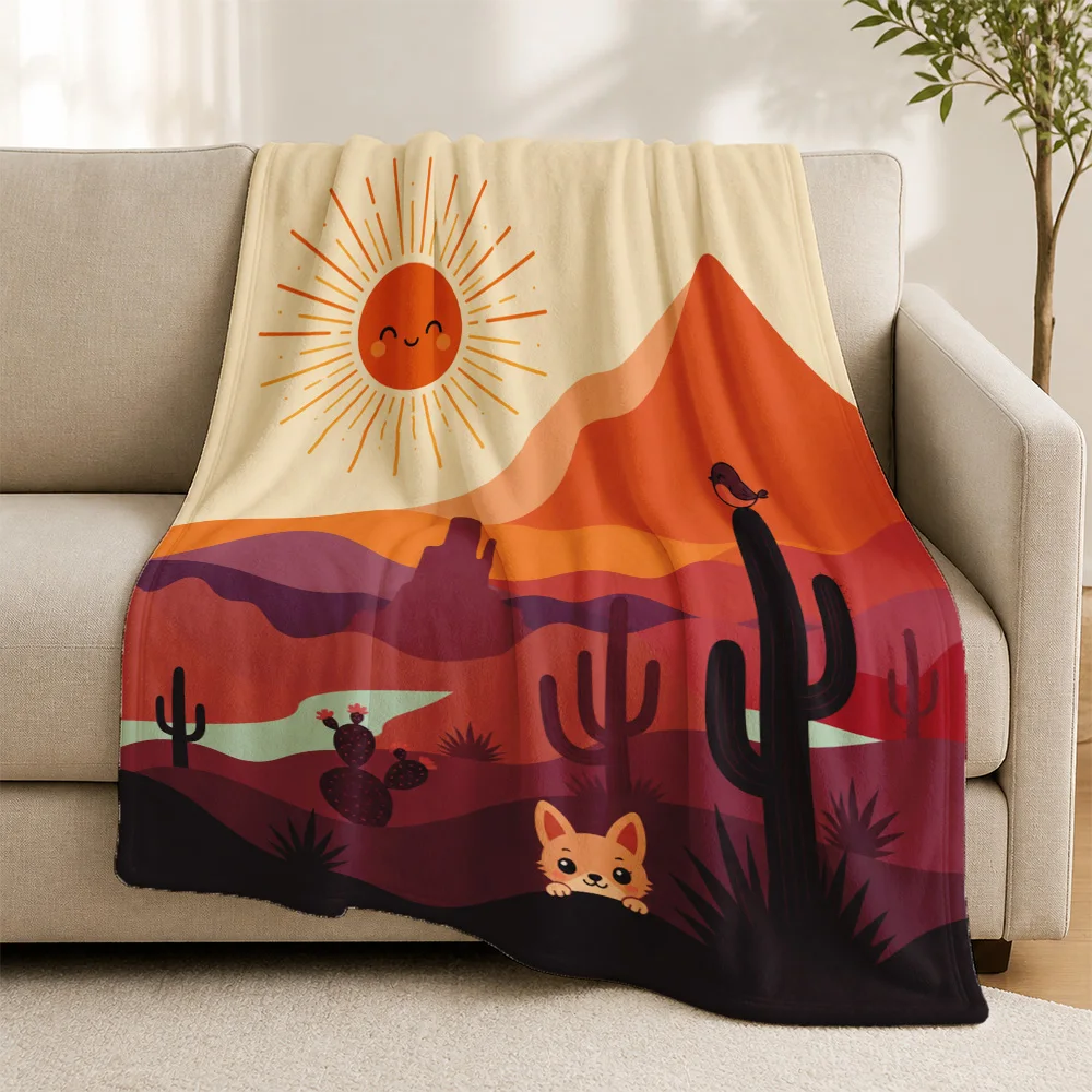 Boho Desert Sunset Throw Blanket Cute Puppy Cactus Aesthetic Fleece Sofa Cozy Throw for Living Room Home Decor Gift