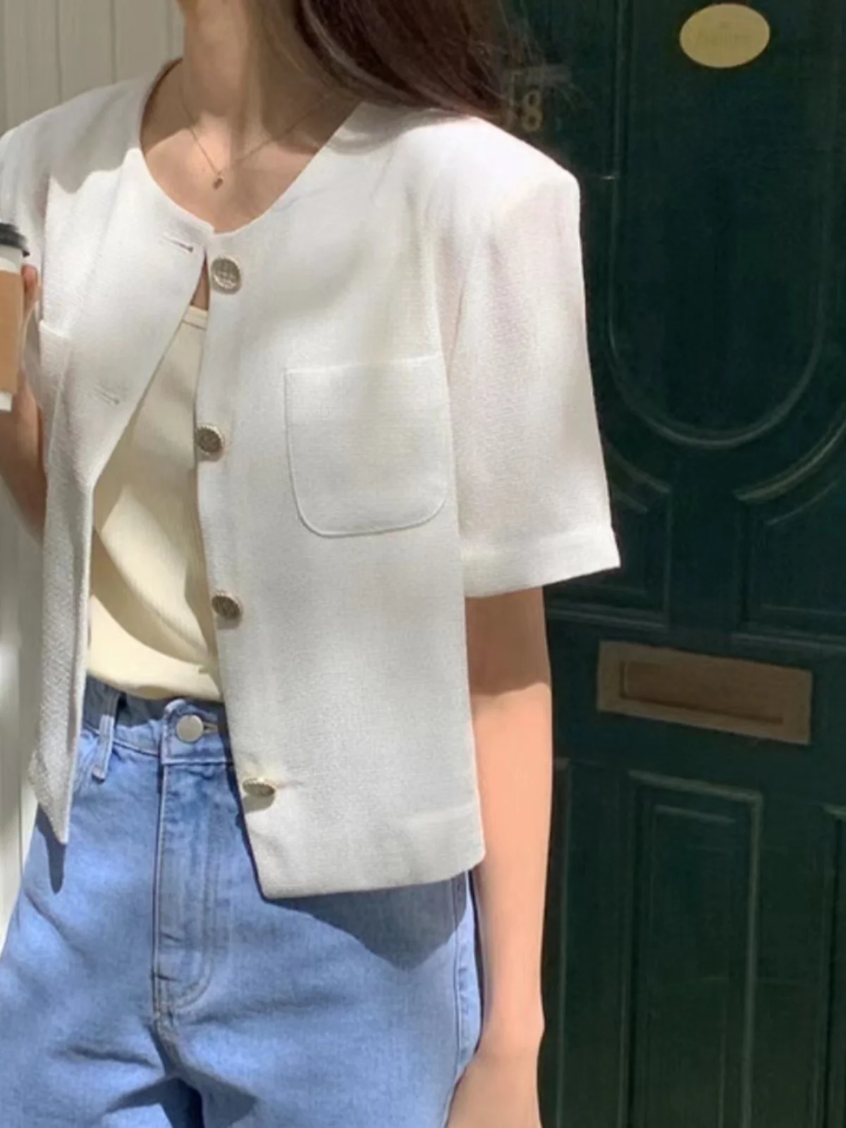 

ort Korean Sle Women's Jaet Button up round Ne Svel Outerwear Cact Size Versatile Top Commute Sle Loose Fit