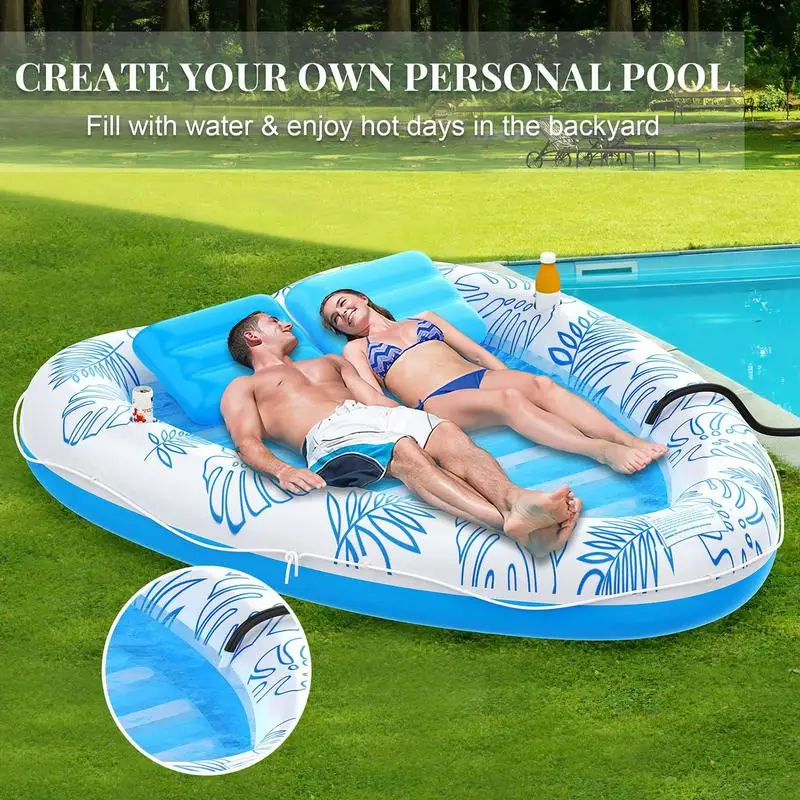 

Couples Pool Float Thicked Heart Shape Double Float With Pocket 2 Cup Holders Inflatable Backrest Long-Lasting Large Float For