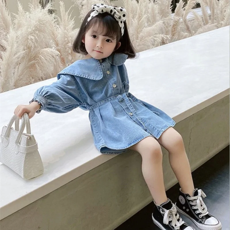 Girls' Dress Navy Collar Tie Denim Dress25Spring and Autumn New Fashion Foreign Trade Children's Clothing Wholesale3-8Years Old